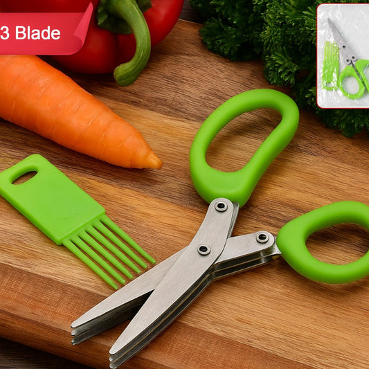 3-Blade Kitchen Herb Scissors with Cleaning Comb - Stainless Steel Cutter for Vegetables & Garnishes (1 Pc) - Happy Price - Image 1