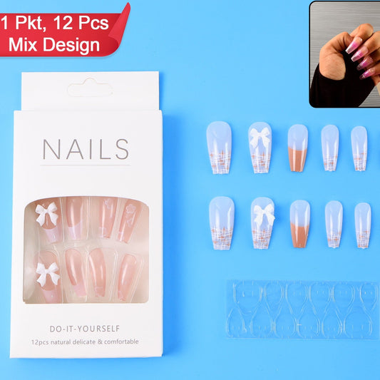 12 Pc Reusable Artificial Nails with Adhesive Stickers - DIY Glossy False Nails
