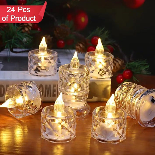 24 Pcs Transparent Acrylic LED Tea Lights - Flameless & Smokeless Decorative Candles for Festivals