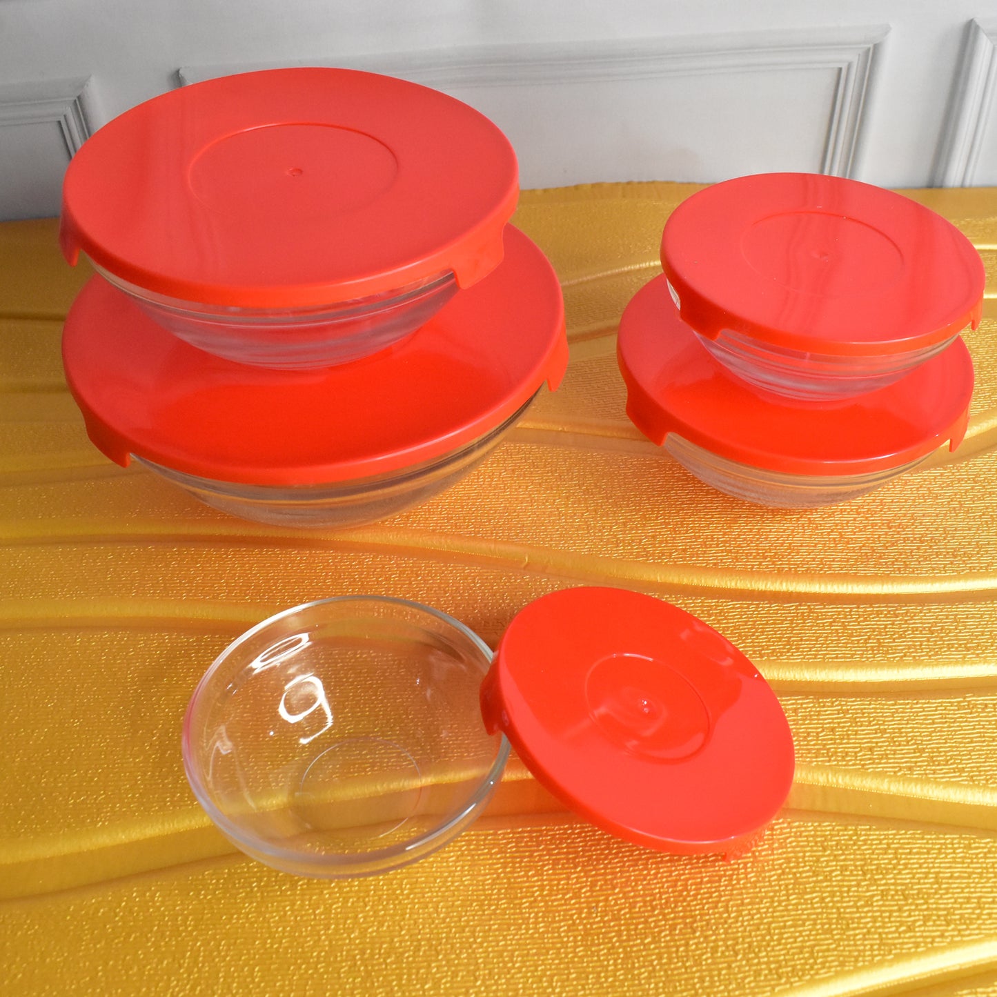 Modern Glass Bowl Set Mixing  Storage Bowls With Red Lids (5 Pcs Set) - Happy Price - Image 6