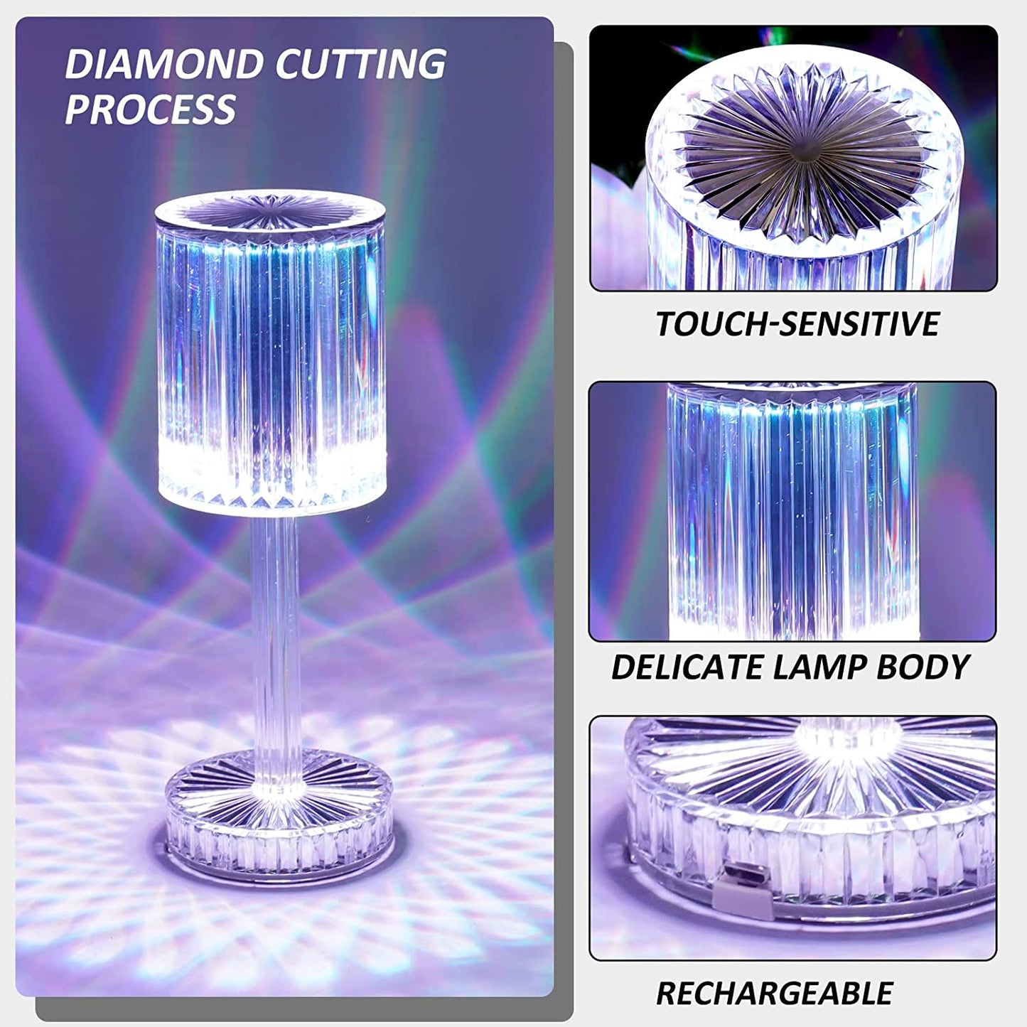 Crystal Table Lamp  Touch Control Atmosphere Nightstand Lamp With Usb Charging Line - Happy Price - Image 5