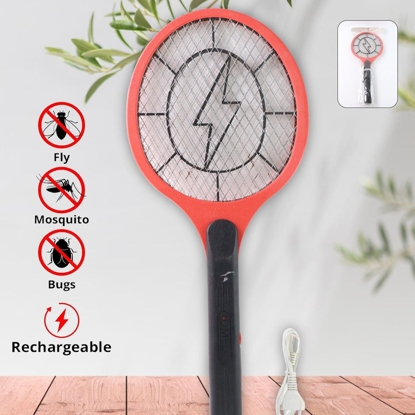 Red Rechargeable Electric Mosquito Killer Racket With Cable - Happy Price - Image 1