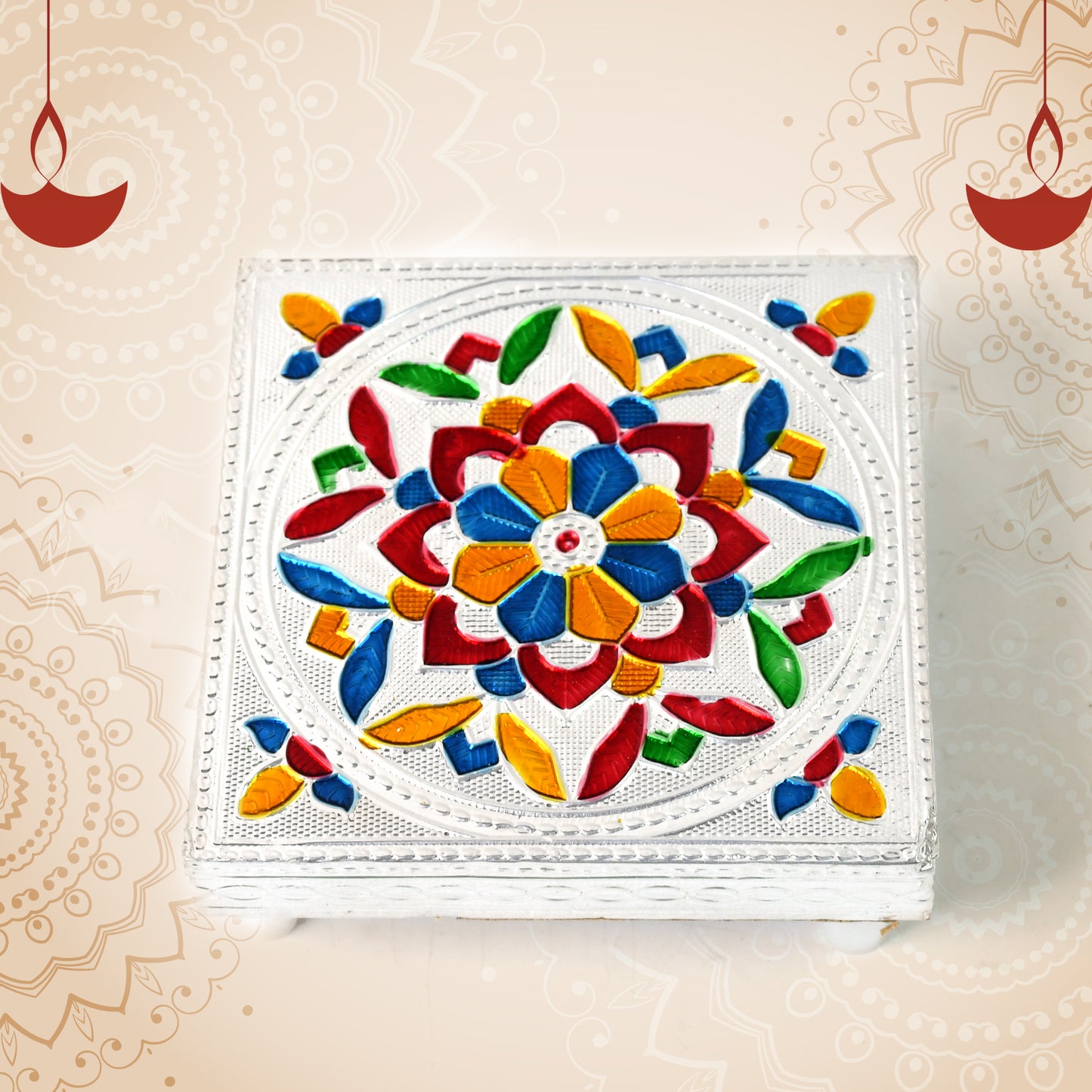 Handicraft Meenakari Wooden Chowki Puja Bajot For Home  Office Decor For Puja Multicolour (1 Pc Set) - Happy Price - Image 2