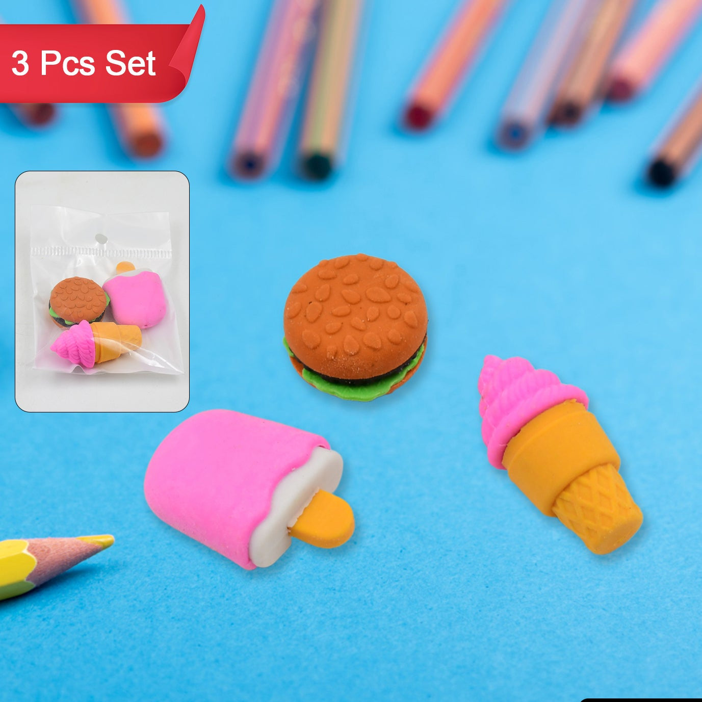 Mix Design Fancy  Stylish Colorful Erasers (1 Set  3 Pc Set) - Happy Price - Image 1