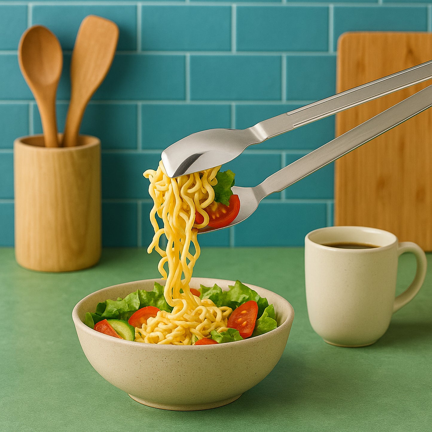 Stainless Steel Serving Tongs - 2-in-1 Pasta & Salad Spoon-Fork Tong (1 Pc)