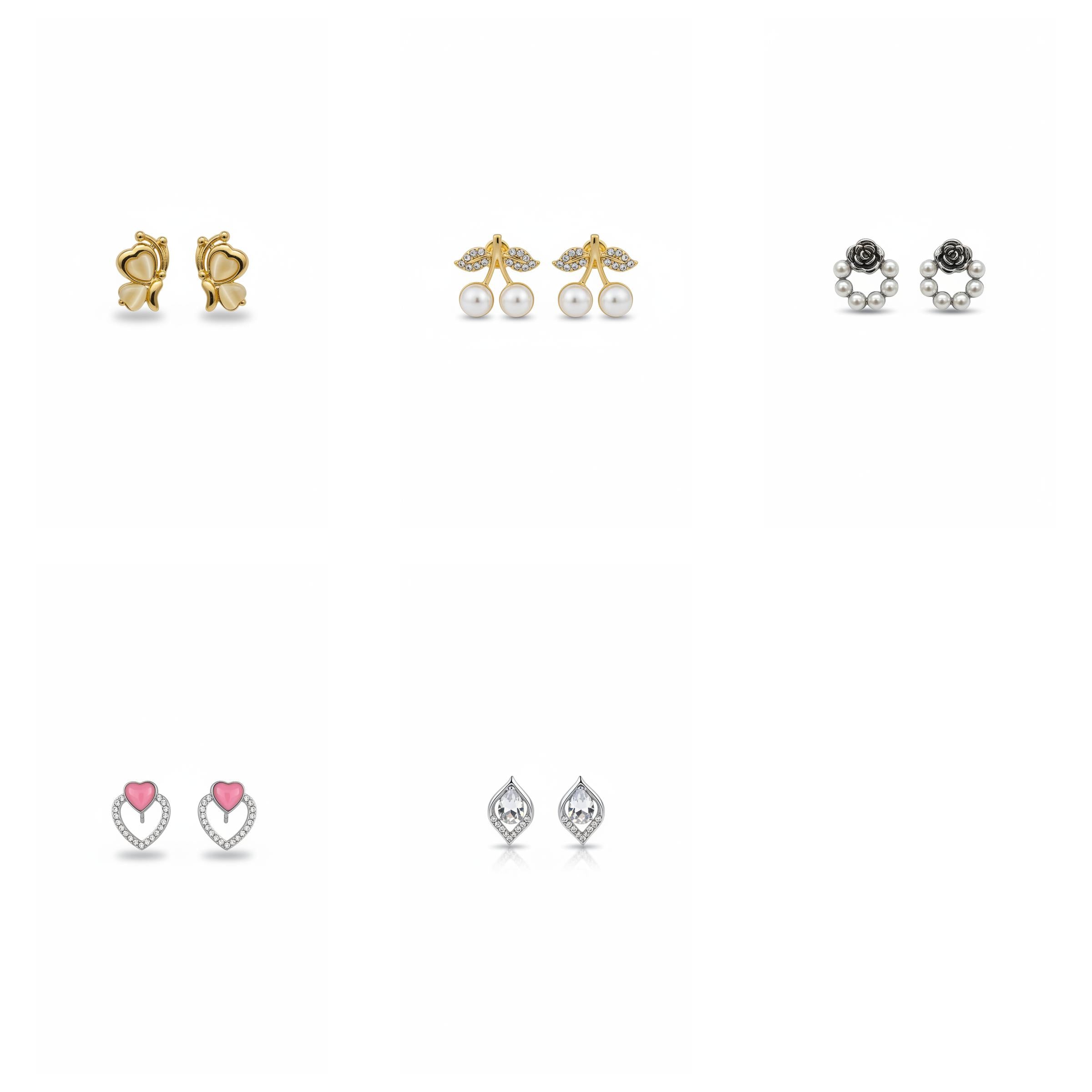 5-Pair Stud Earrings Combo - Pearl, Rhinestone & Floral Designs