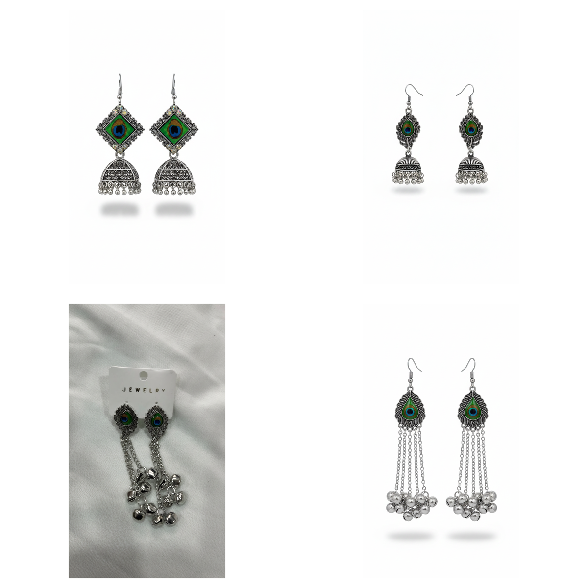 Peacock Feather Oxidized Silver Jhumka Earrings – Combo of 4