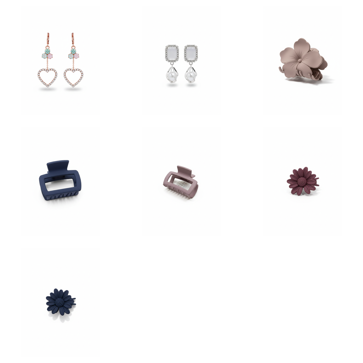 Hair Clip & Earring Mixed Combo (7 Pieces) – Claw Clips, Daisy Clips & Crystal Drop Earrings