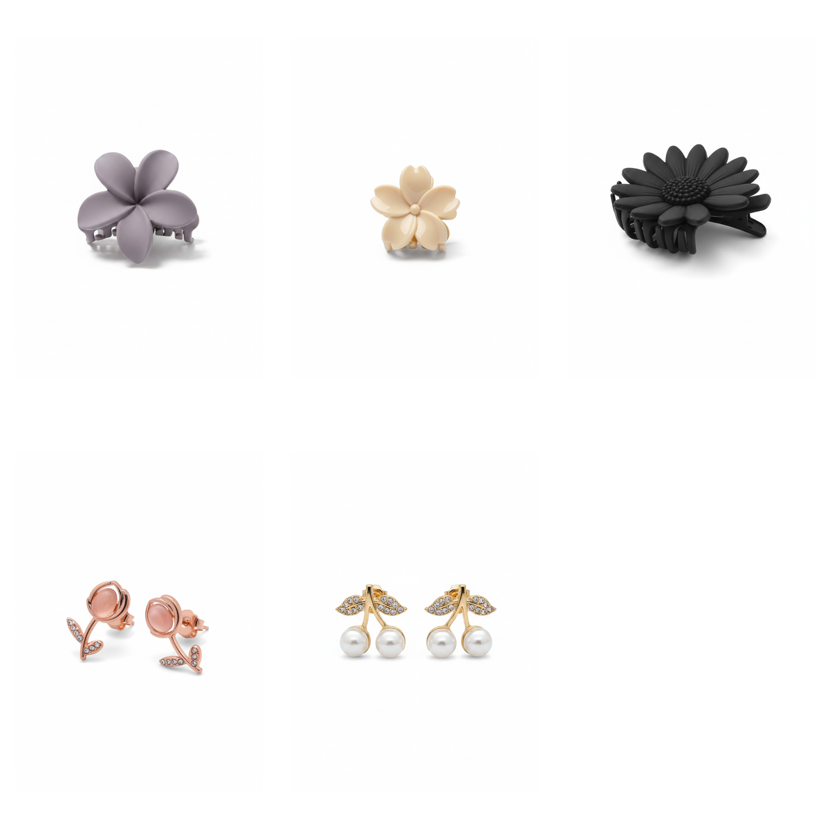 Flower Hair Clip & Stud Earrings Combo (5 Pcs) – 3 Hair Clips + 2 Earring Pairs