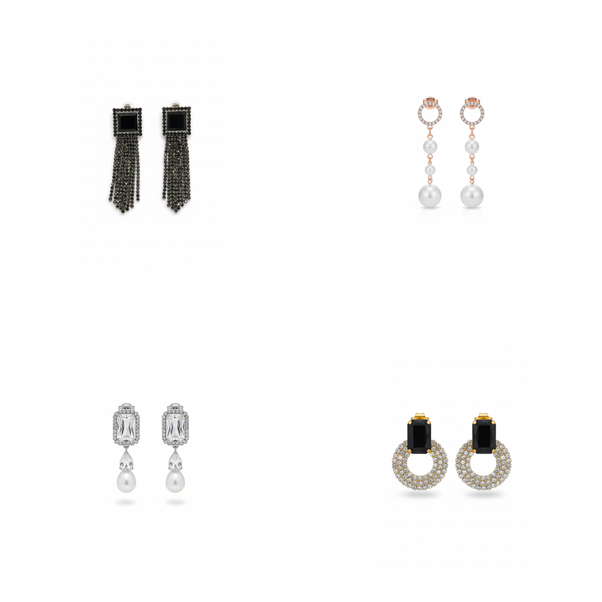 4-Pair Earring Combo – Tassel, Pearl Drop, Crystal Halo & Rhinestone Hoop Studs
