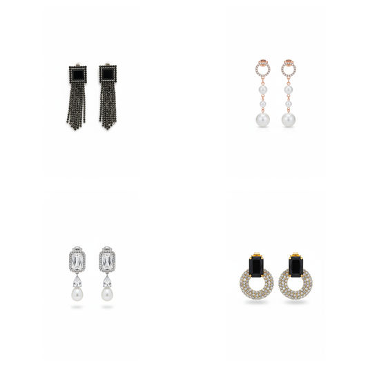 4-Pair Earring Combo – Tassel, Pearl Drop, Crystal Halo & Rhinestone Hoop Studs