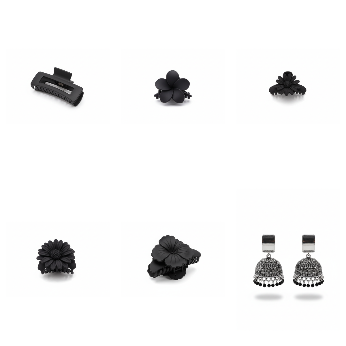 Floral Claw Clips + Oxidized Jhumka Earrings Combo (6-Piece Set)