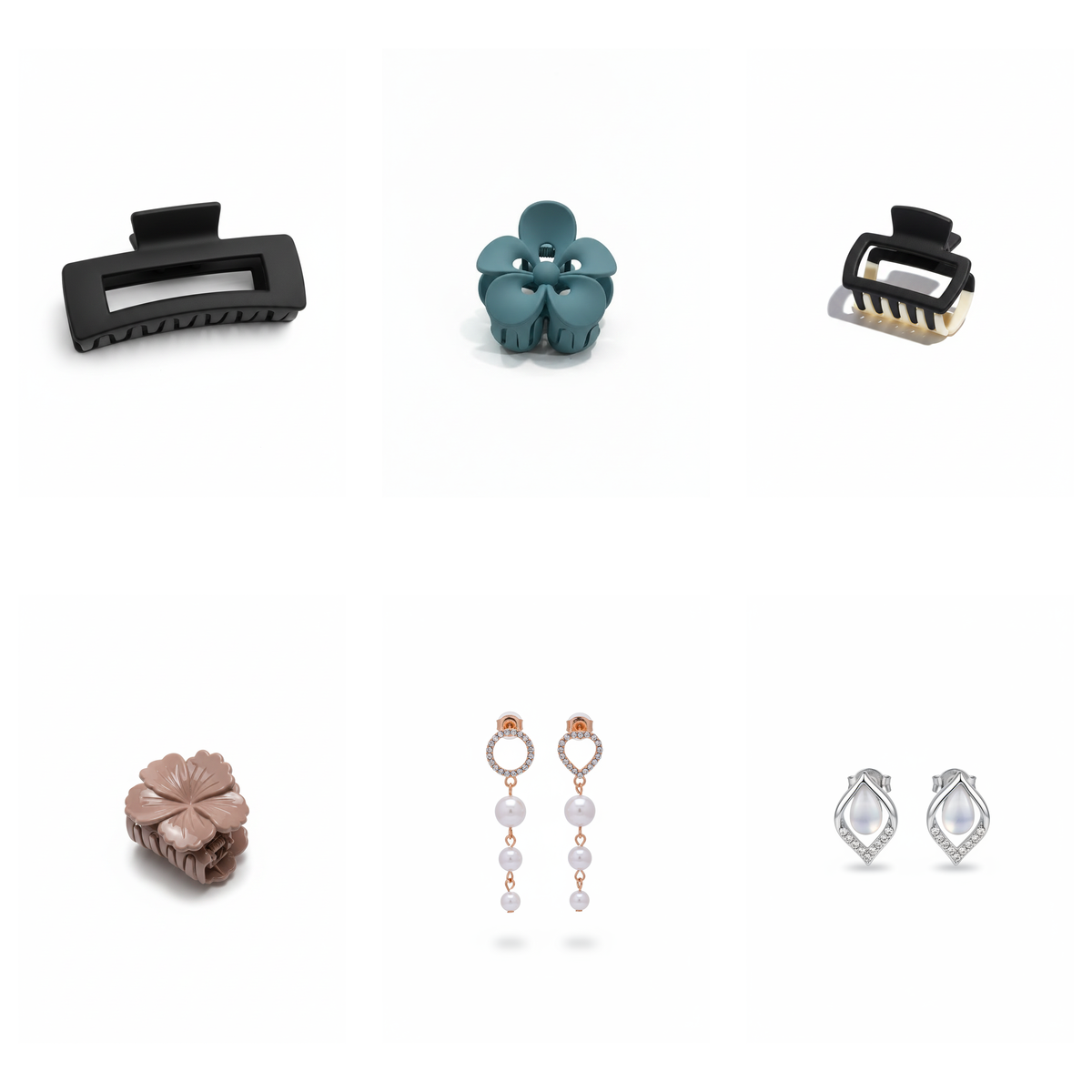 Hair Clips & Earrings Combo - 6 Piece Set | 4 Claw Clips + 2 Earring Pairs