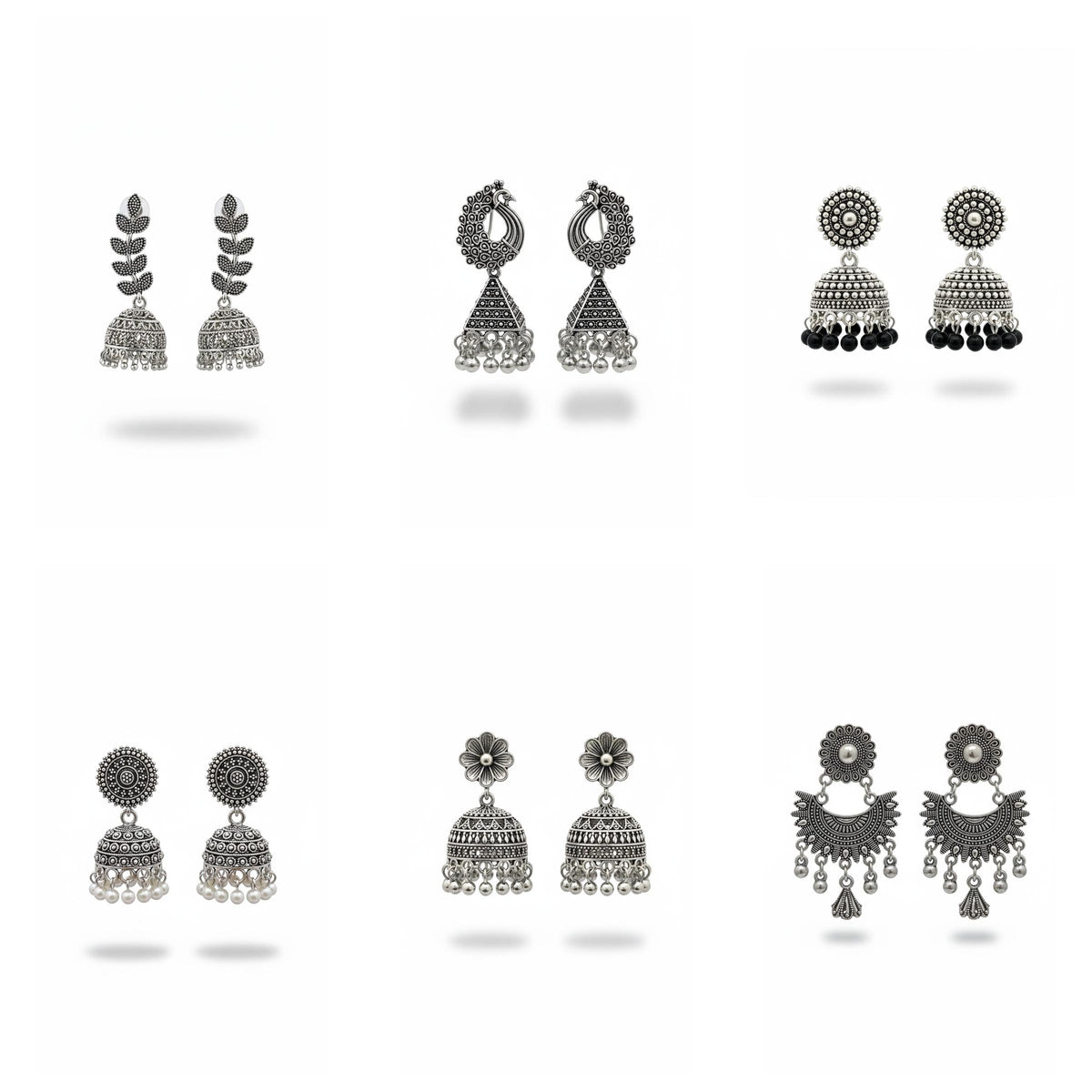 Oxidized Silver Jhumka Earrings Combo – Set of 6 Traditional Ethnic Danglers