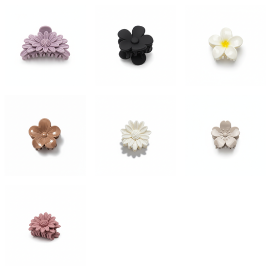 7-Piece Flower Hair Claw Clip Set – Daisy, Plumeria & Petal Mini Clutcher Clips