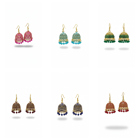 6-Pair Mini Jhumka Earrings Combo | Multicolor Gold-Tone Dome Drops