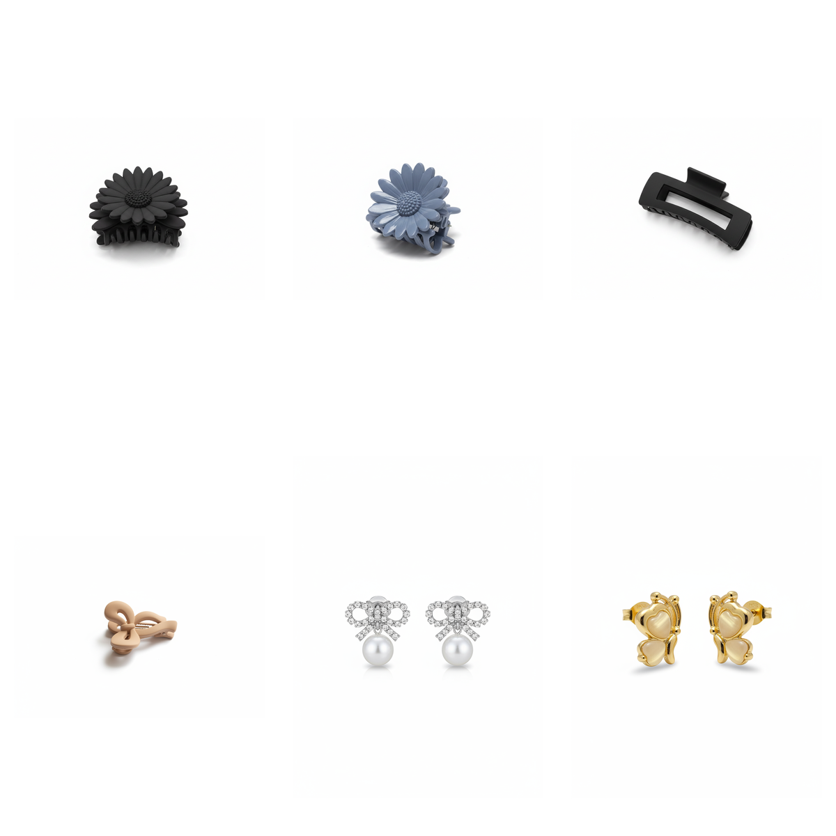 Hair Clips & Earrings Mixed Combo Set – Daisy, Bow & Butterfly Designs (6-Piece)