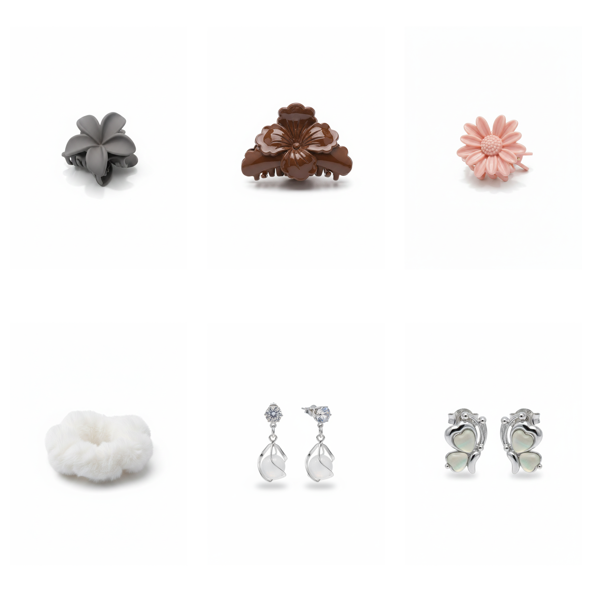 Flower Hair Clips, Fluffy Scrunchie & Stud Earrings Combo — Set of 6