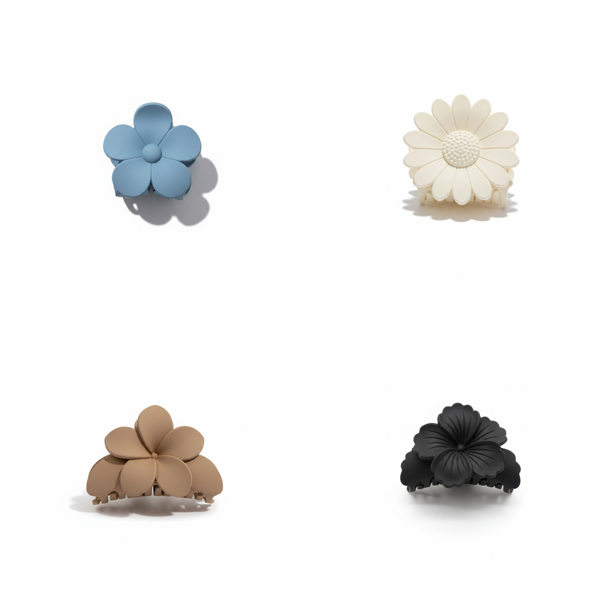Matte Flower Hair Claw Clips – Set of 4 (Ivory Daisy, Mocha Plumeria, Noir Bloom, Dusty Blue Blossom)