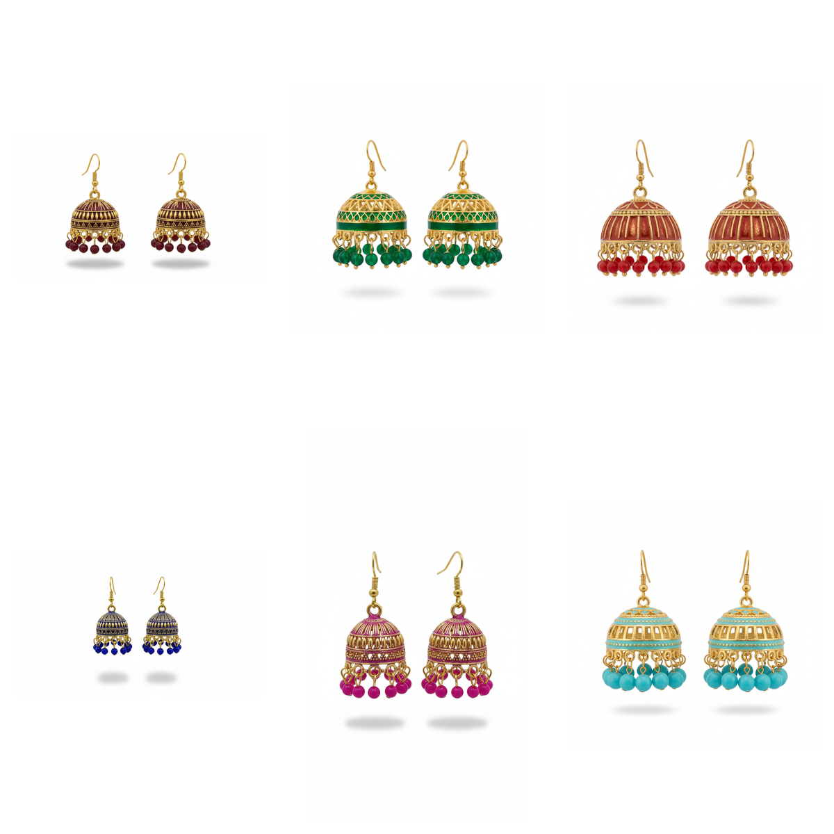 6-Pair Mini Jhumki Earrings Combo – Gold-Toned Enamel Dome Earrings with Bead Danglers