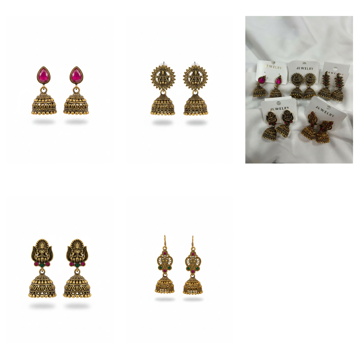 Antique Gold Temple Jhumka Earrings Combo Set of 5 | Traditional Ethnic Danglers