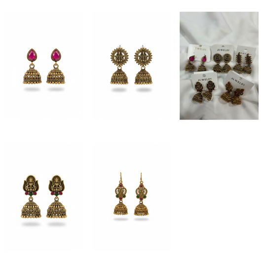 Antique Gold Temple Jhumka Earrings Combo Set of 5 | Traditional Ethnic Danglers
