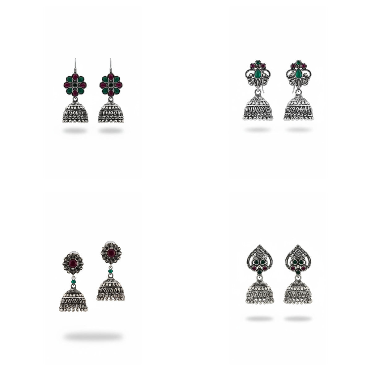 4-in-1 Oxidized Silver Jhumki Earrings Combo - Ethnic Stone-Studded Danglers