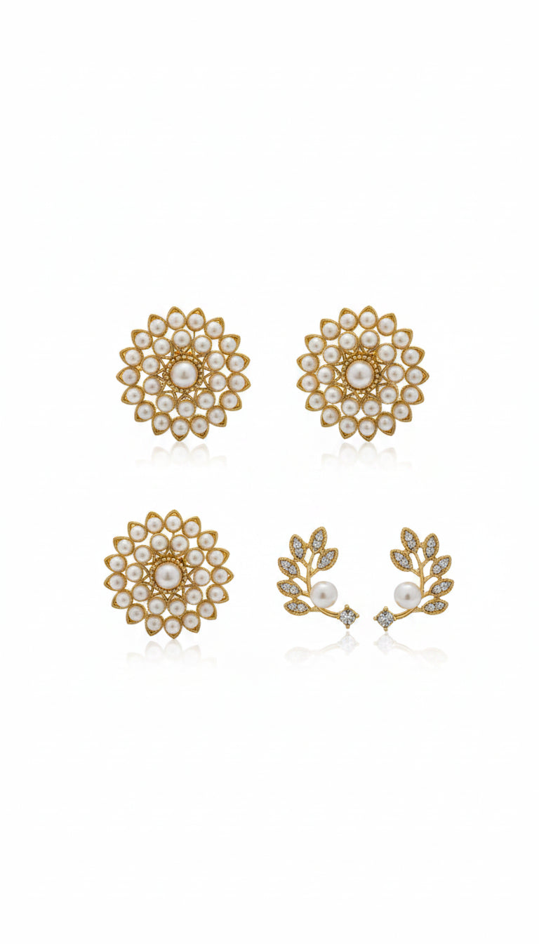 Pearl Blossom & Gold Leaf Stud Earrings Combo (Set of 2) | Gold-Toned Statement Studs
