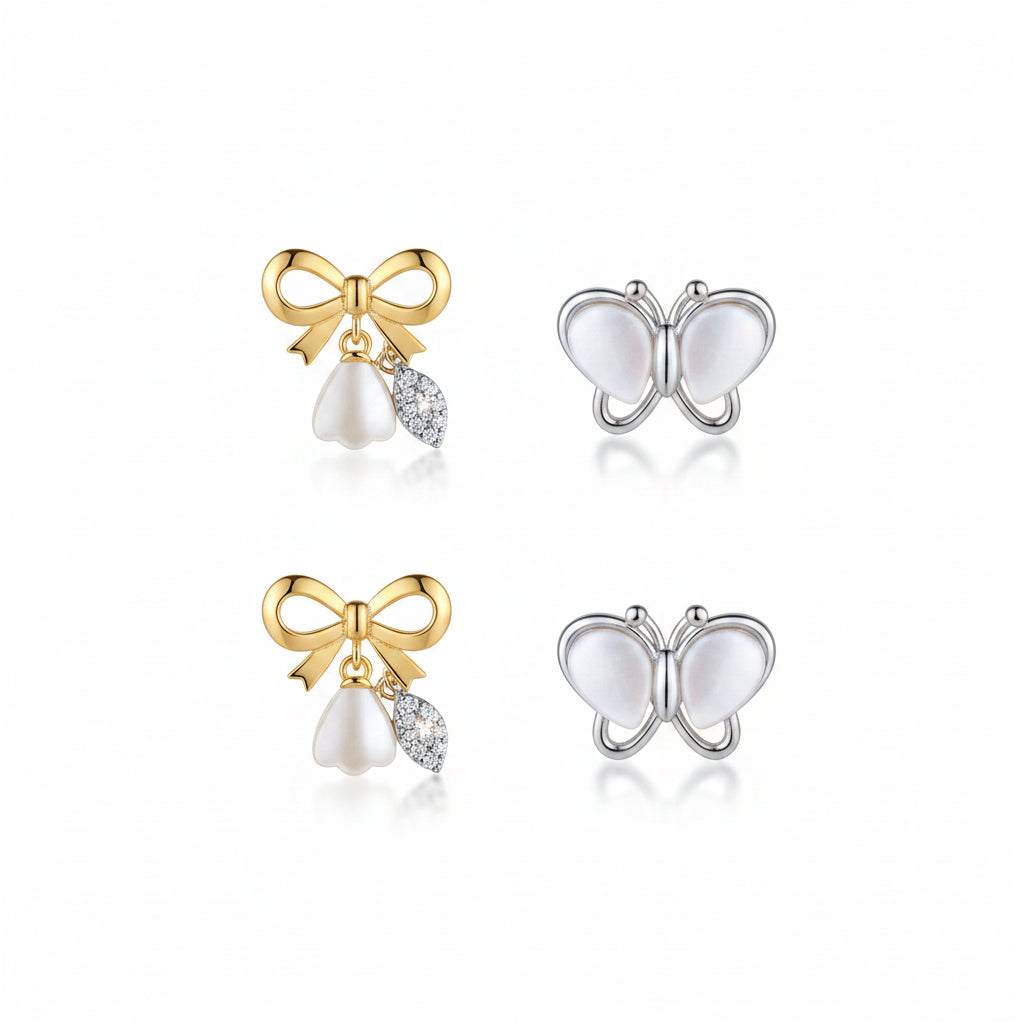 Bow Tulip Drop & Butterfly Stud Earrings - Combo of 2 Pairs