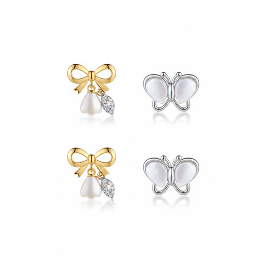 Bow Tulip Drop & Butterfly Stud Earrings - Combo of 2 Pairs