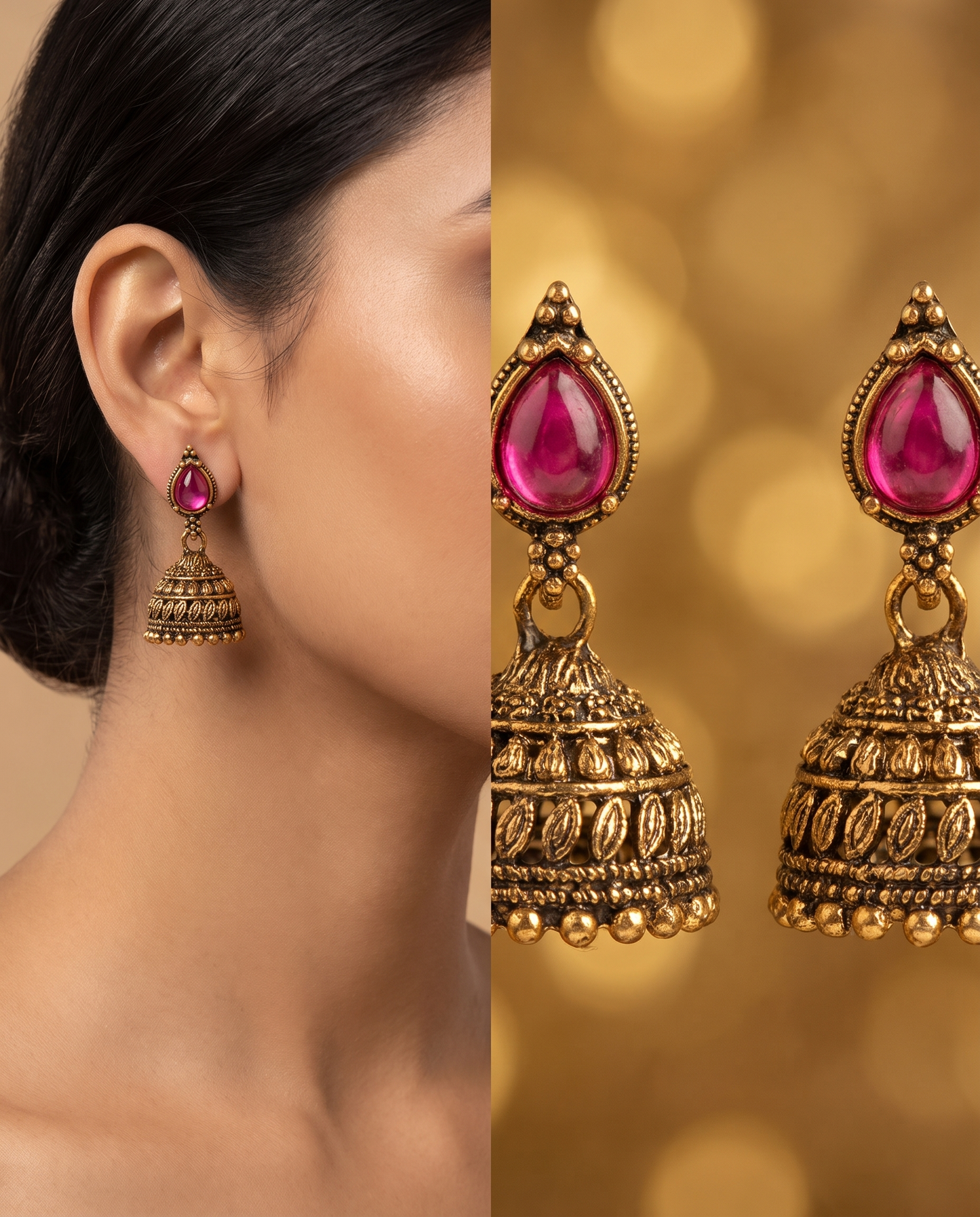 Happy Price Antique Gold Oxidised Jhumka Earrings Combo for Women – Set of 5 Traditional South Indian Style Danglers with Pink & Green Stone Work, Temple Jewellery, Gift for Her