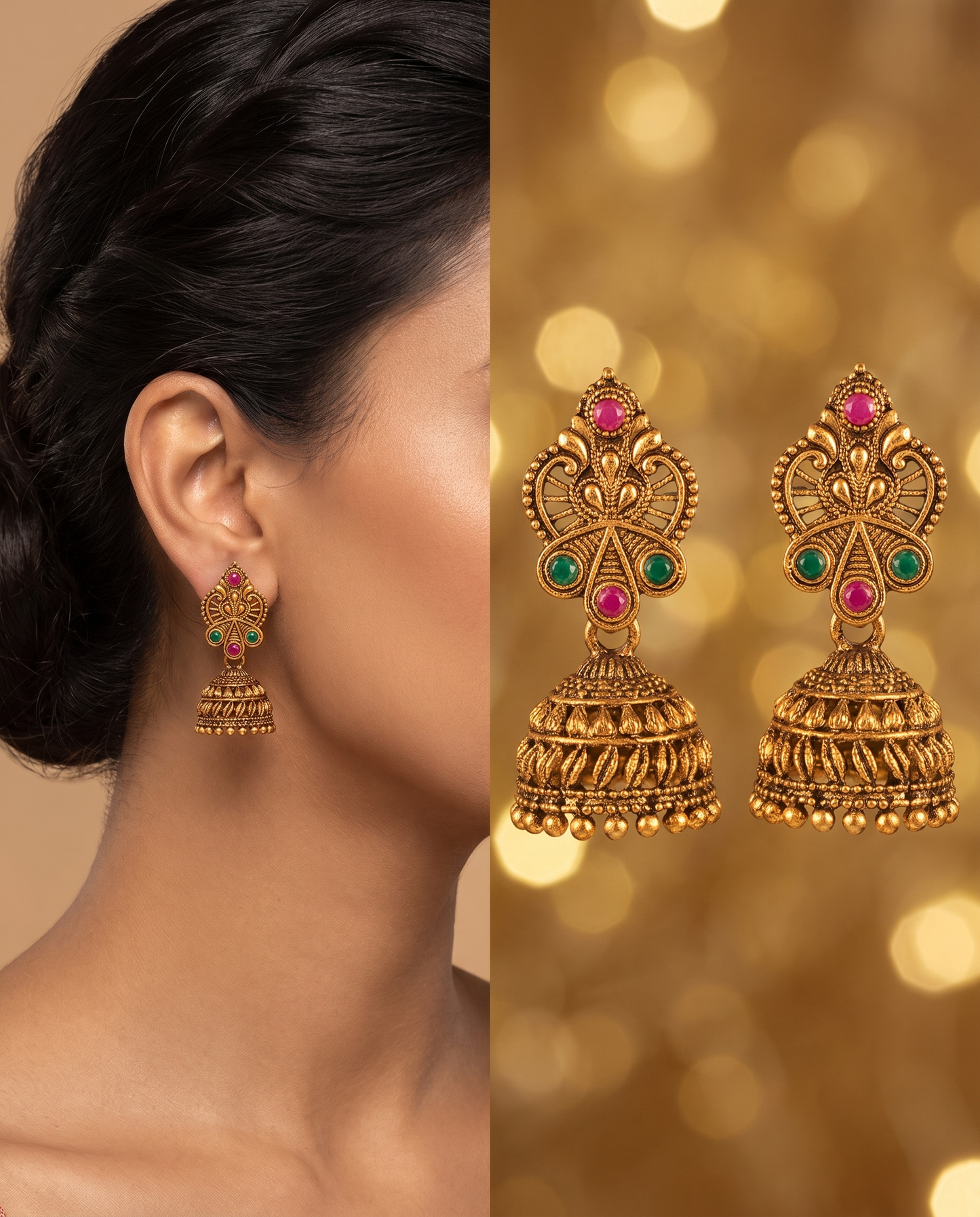 Happy Price Antique Gold Oxidised Jhumka Earrings Combo for Women – Set of 5 Traditional South Indian Style Danglers with Pink & Green Stone Work, Temple Jewellery, Gift for Her