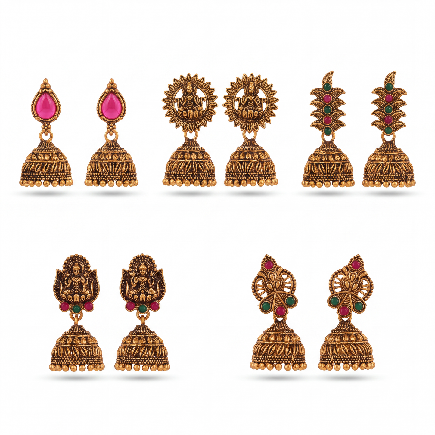 Happy Price Antique Gold Oxidised Jhumka Earrings Combo for Women – Set of 5 Traditional South Indian Style Danglers with Pink & Green Stone Work, Temple Jewellery, Gift for Her