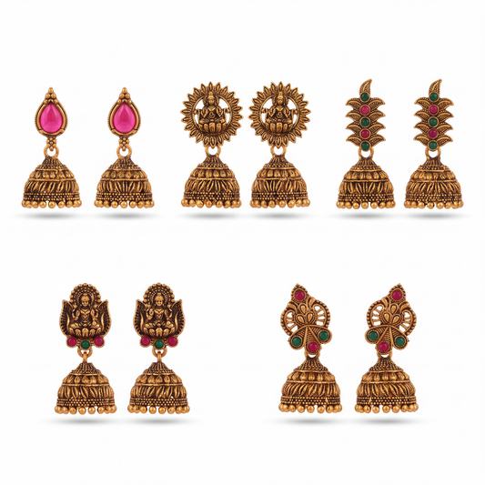 Happy Price Antique Gold Oxidised Jhumka Earrings Combo for Women – Set of 5 Traditional South Indian Style Danglers with Pink & Green Stone Work, Temple Jewellery, Gift for Her