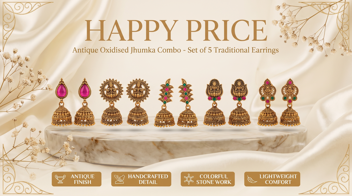 Happy Price Antique Gold Oxidised Jhumka Earrings Combo for Women – Set of 5 Traditional South Indian Style Danglers with Pink & Green Stone Work, Temple Jewellery, Gift for Her