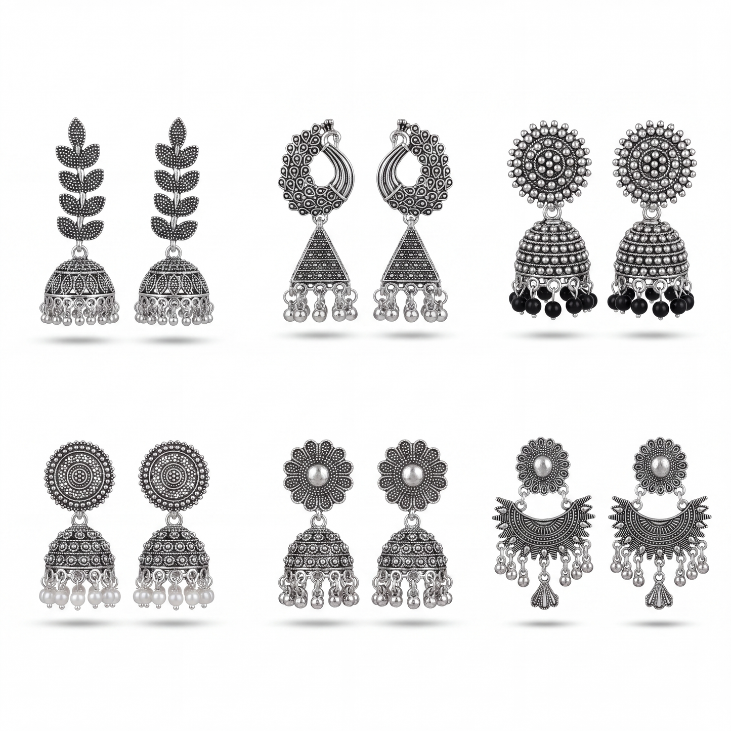 Happy Price Antique Oxidised Silver Jhumka Earrings Combo for Women - Set of 6 Traditional South Indian Style Danglers, Boho Tribal Jewellery, Gift for Her