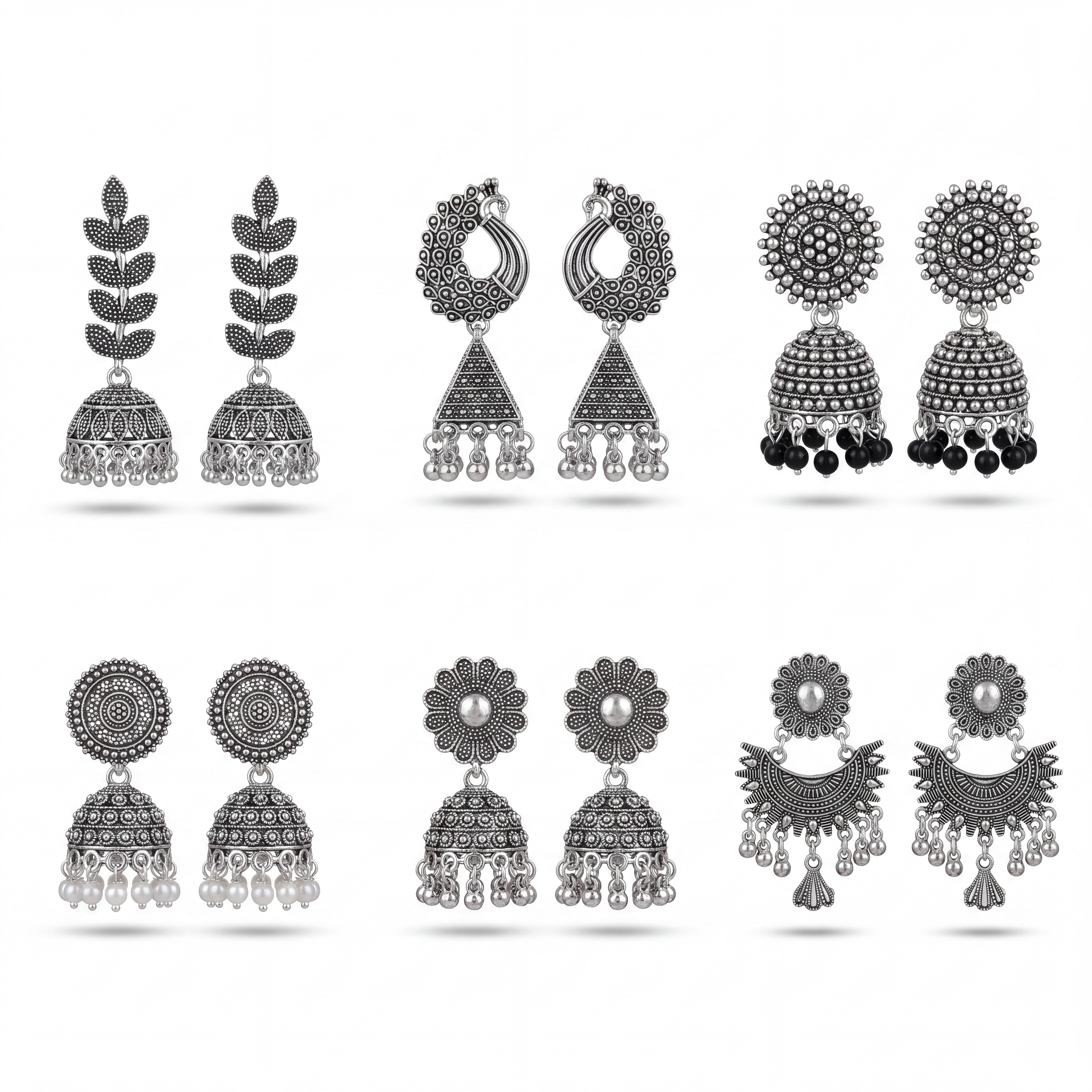 Happy Price Antique Oxidised Silver Jhumka Earrings Combo for Women - Set of 6 Traditional South Indian Style Danglers, Boho Tribal Jewellery, Gift for Her