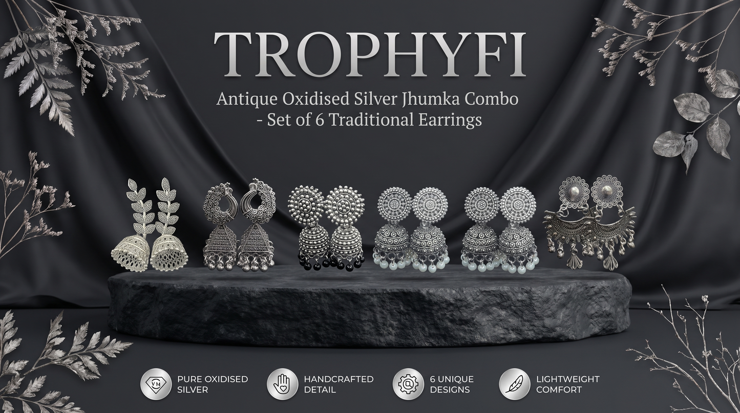 Happy Price Antique Oxidised Silver Jhumka Earrings Combo for Women - Set of 6 Traditional South Indian Style Danglers, Boho Tribal Jewellery, Gift for Her