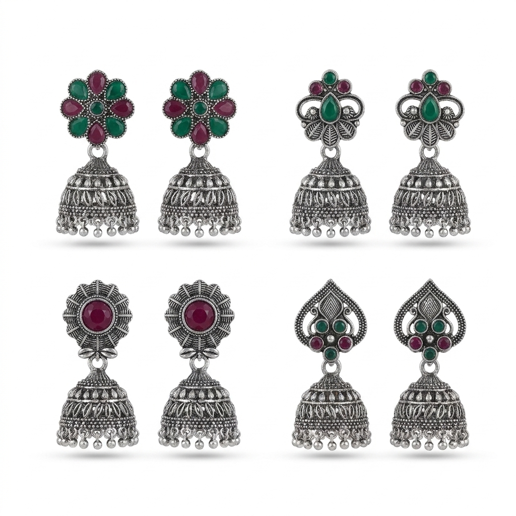 Happy Price Antique Oxidised Silver Jhumka Earrings Combo for Women - Set of 4 Traditional South Indian Style Danglers with Multicolour Stones, Boho Ethnic Jewellery, Gift for Her
