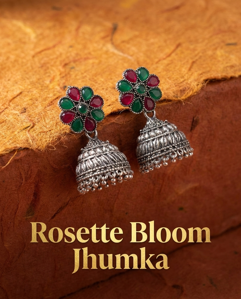Happy Price Antique Oxidised Silver Jhumka Earrings Combo for Women - Set of 4 Traditional South Indian Style Danglers with Multicolour Stones, Boho Ethnic Jewellery, Gift for Her