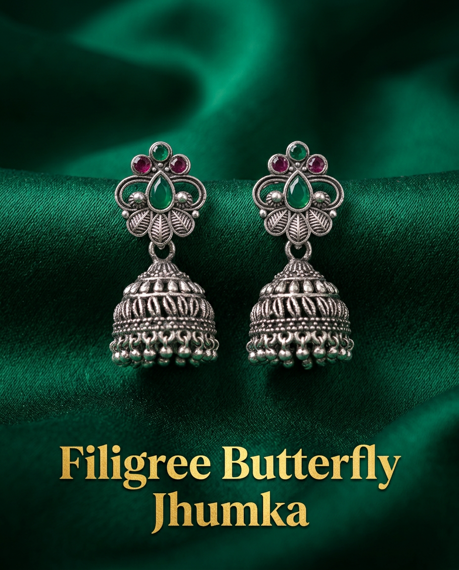 Happy Price Antique Oxidised Silver Jhumka Earrings Combo for Women - Set of 4 Traditional South Indian Style Danglers with Multicolour Stones, Boho Ethnic Jewellery, Gift for Her