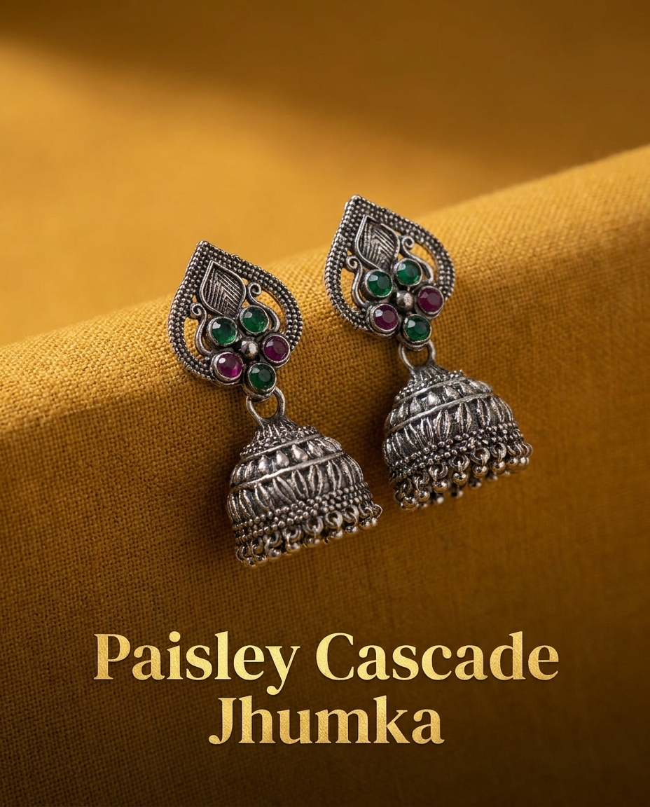 Happy Price Antique Oxidised Silver Jhumka Earrings Combo for Women - Set of 4 Traditional South Indian Style Danglers with Multicolour Stones, Boho Ethnic Jewellery, Gift for Her