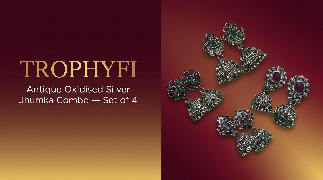 Happy Price Antique Oxidised Silver Jhumka Earrings Combo for Women - Set of 4 Traditional South Indian Style Danglers with Multicolour Stones, Boho Ethnic Jewellery, Gift for Her