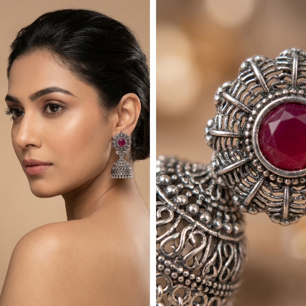 Happy Price Antique Oxidised Silver Jhumka Earrings Combo for Women - Set of 4 Traditional South Indian Style Danglers with Multicolour Stones, Boho Ethnic Jewellery, Gift for Her