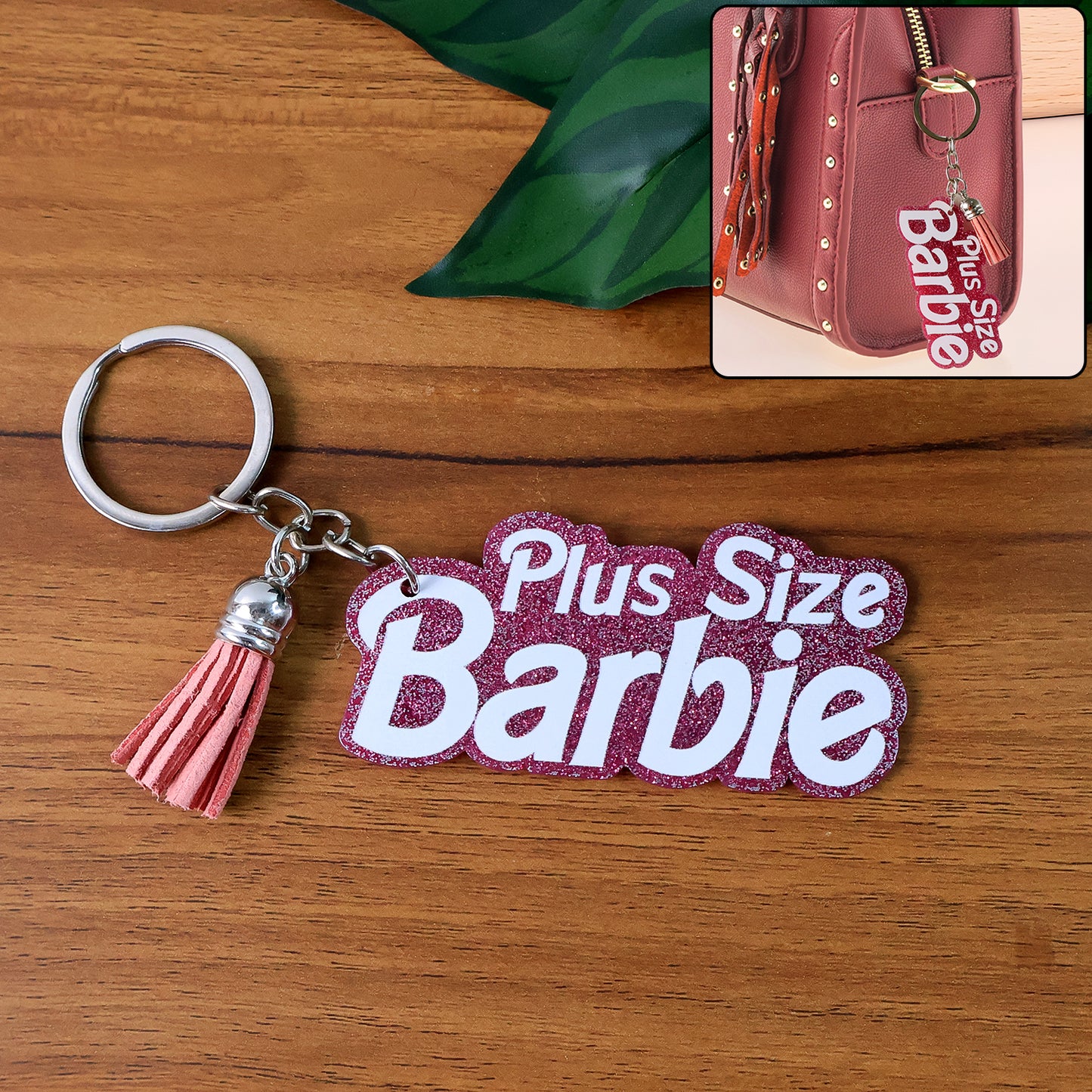 Glitter Finish Text Keychain with Tassel Charm - "Plus Size Barbie" Design (1 Pc)