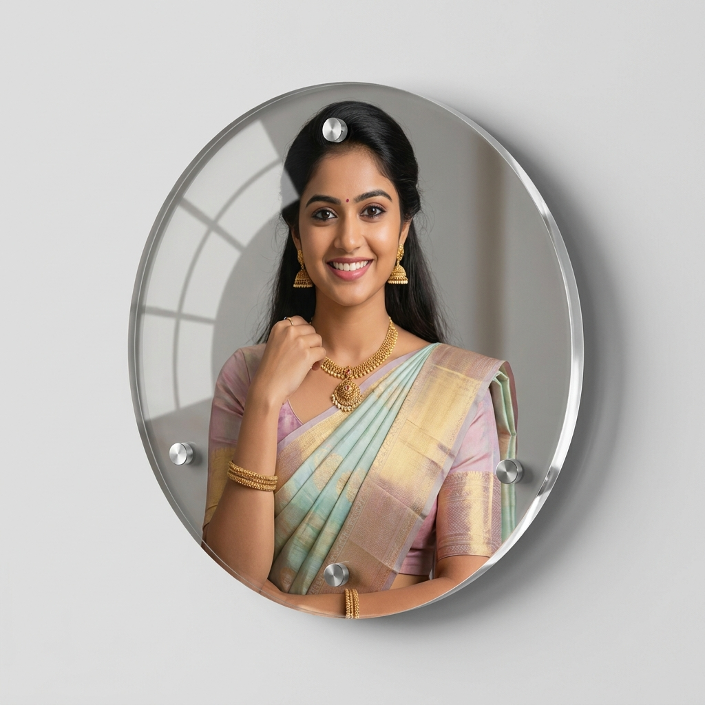 Circular acrylic photo frame printed with a portrait of an Indian woman in a saree