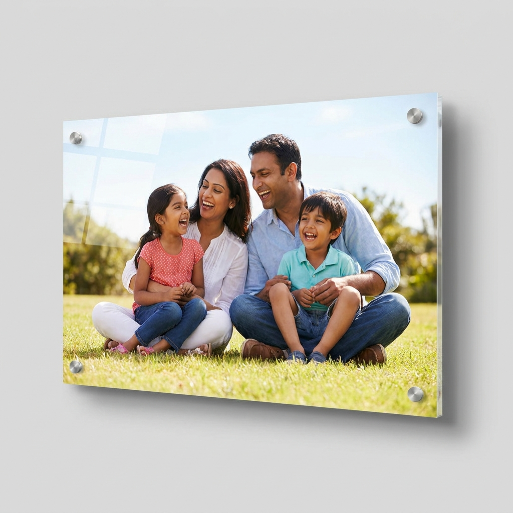 Landscape acrylic photo frame printed with an Indian family portrait