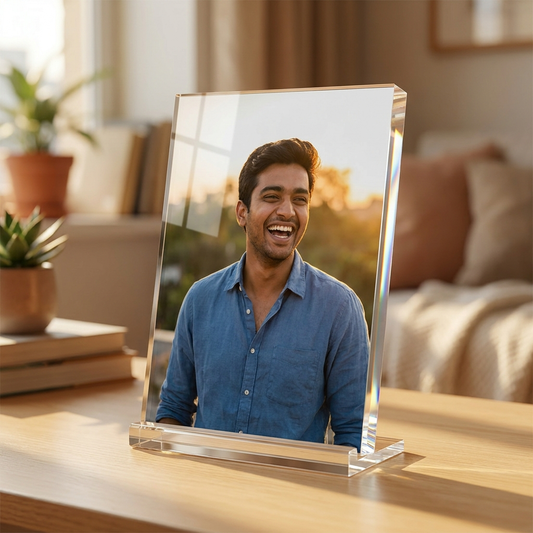 Acrylic photo stand on a desk printed with a portrait of a young Indian man