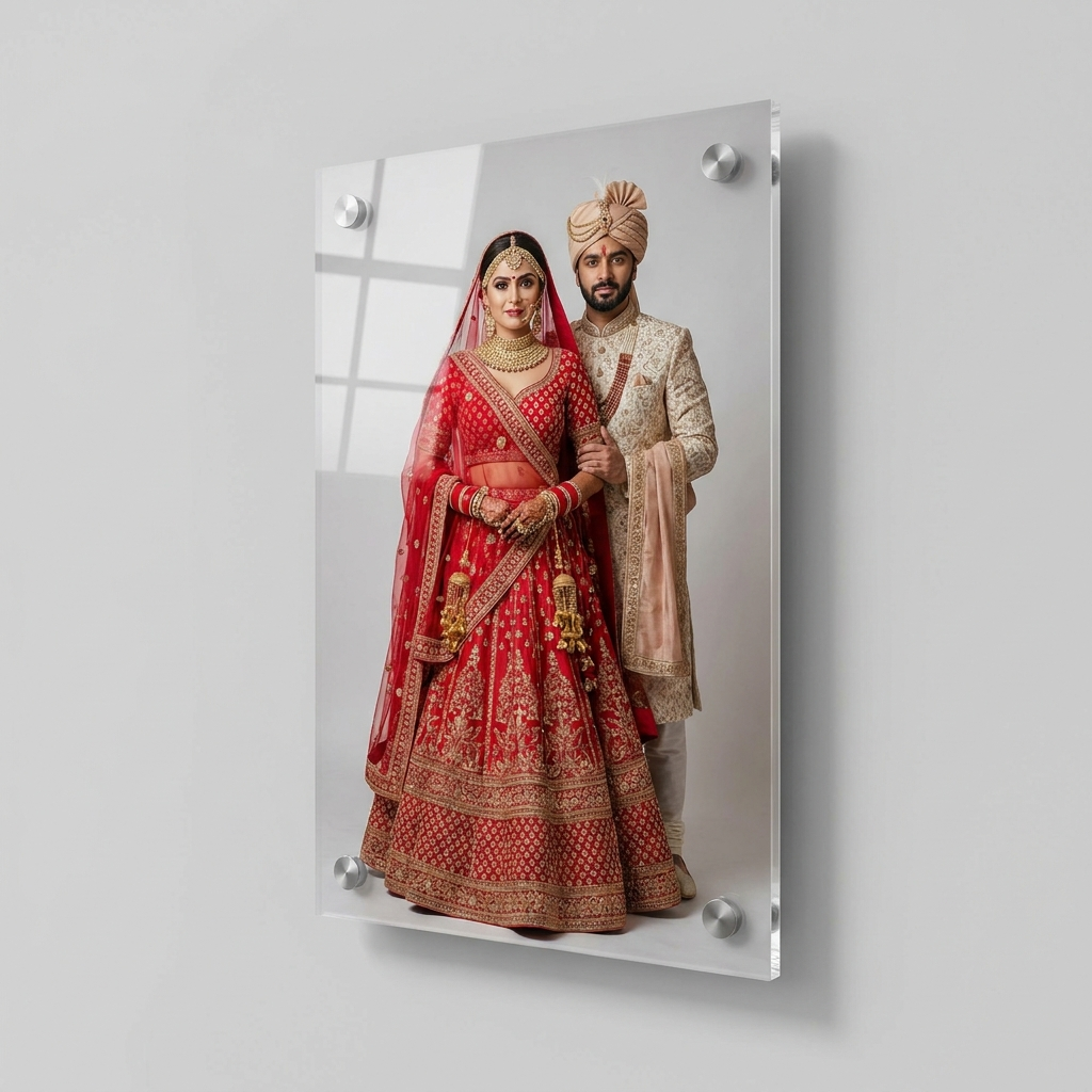 Portrait acrylic photo frame printed with an Indian couple in wedding wear