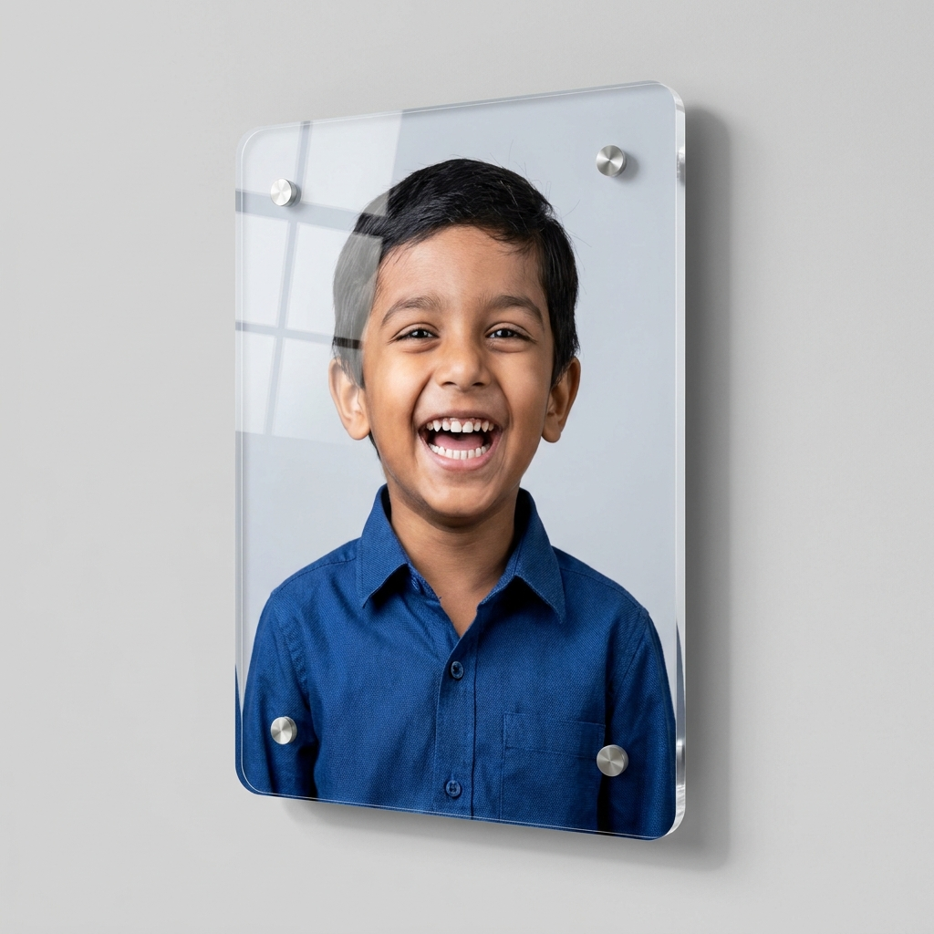Rounded-corner acrylic photo frame printed with a laughing Indian boy